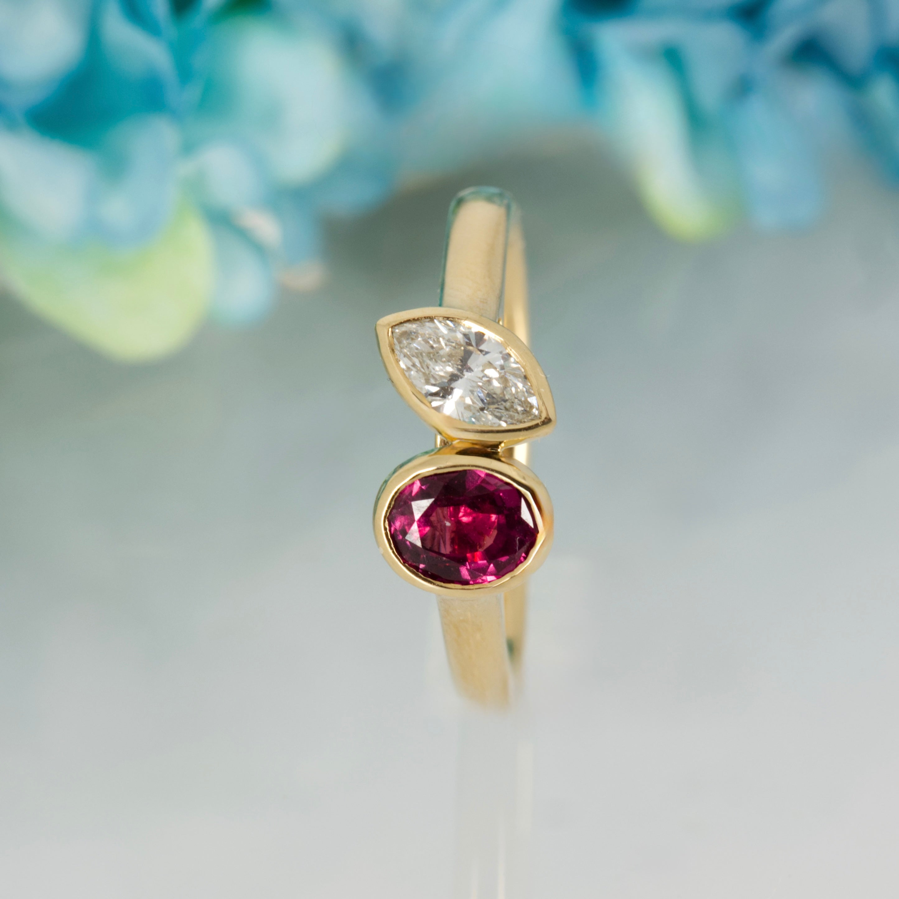 18ct Yellow Gold Oval Cut Ruby & Marquise Cut Diamond Toi et Moi Ring
