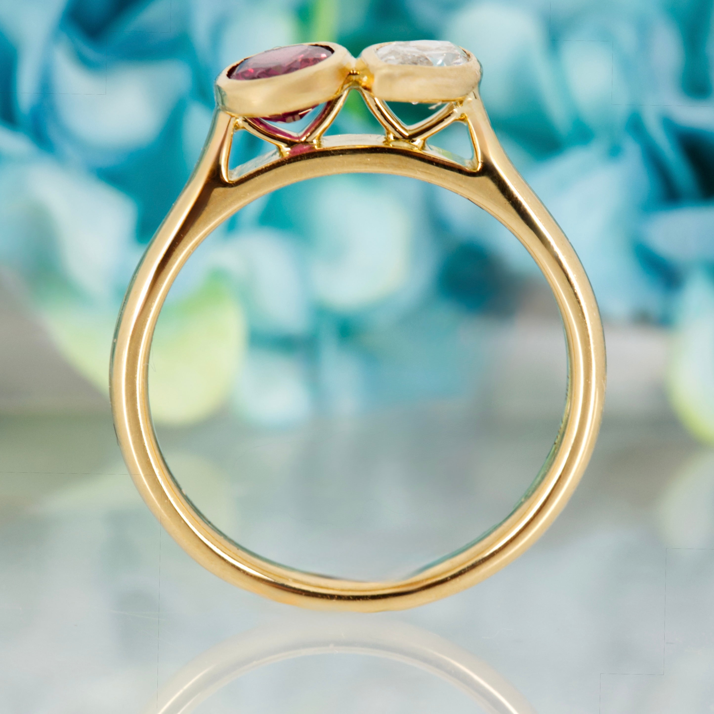 18ct Yellow Gold Oval Cut Ruby & Marquise Cut Diamond Toi et Moi Ring