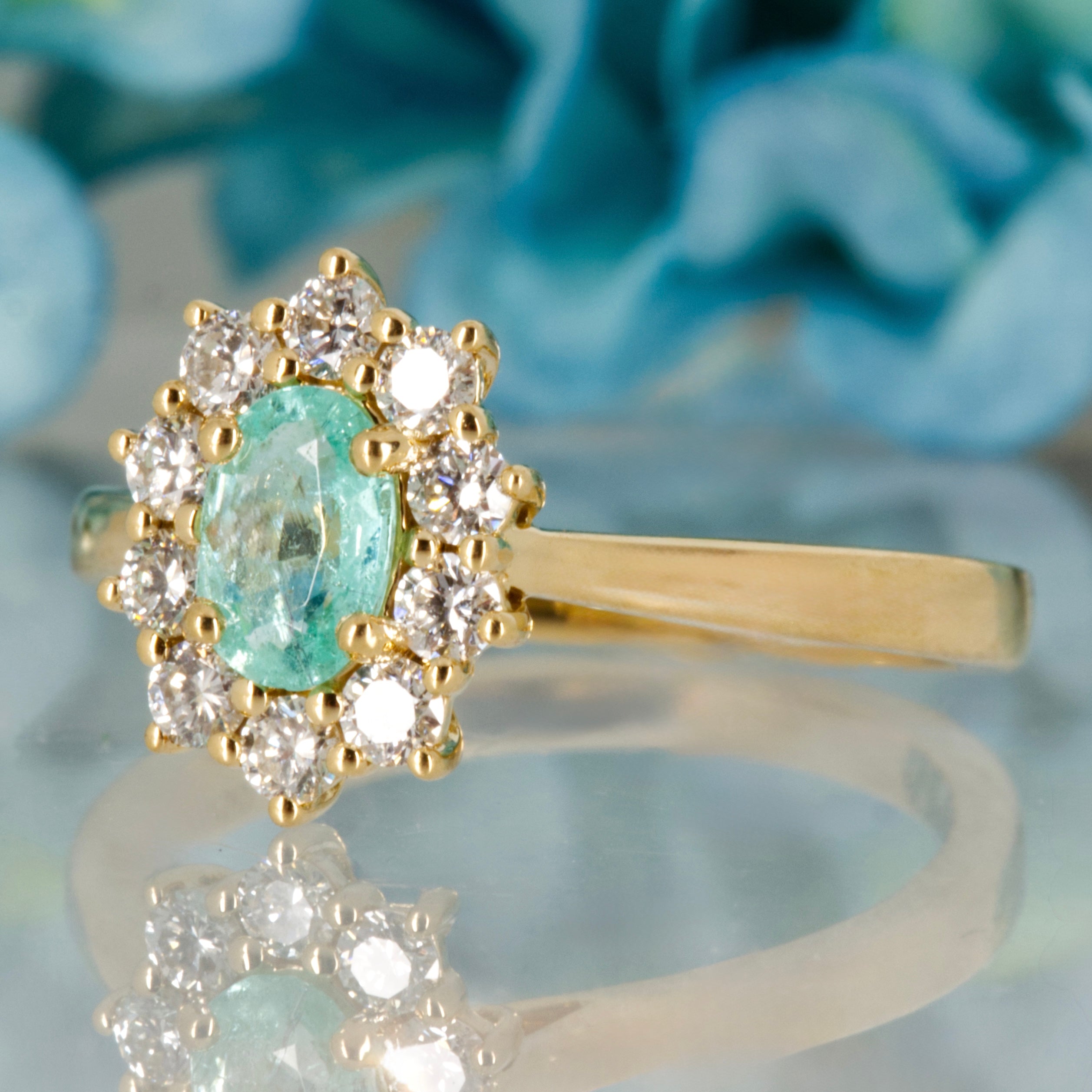 18ct Yellow Gold Oval Cut Paraiba Tourmaline & Round Brilliant Cut Diamond Cluster Ring