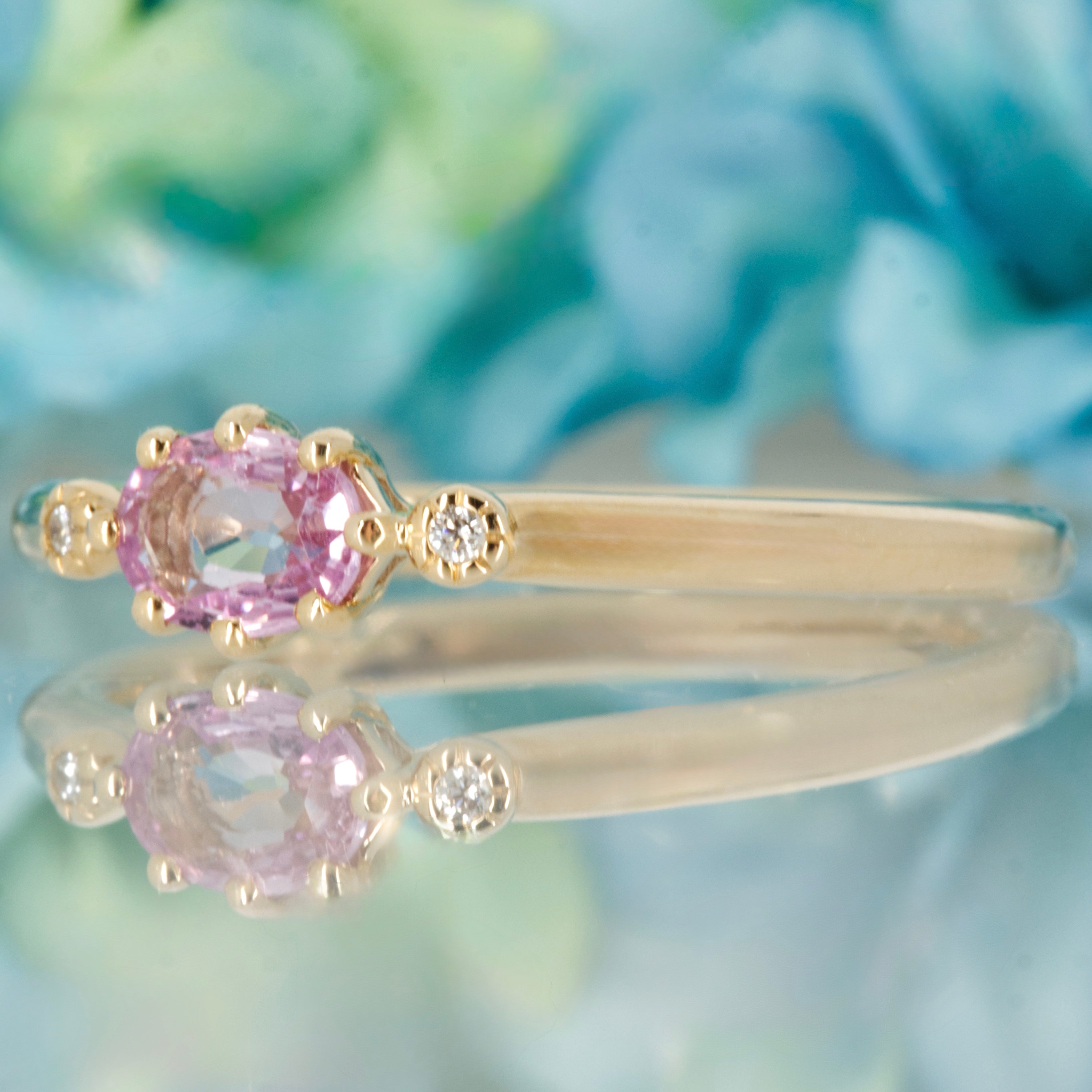 9ct Yellow Gold Oval Cut Pink Sapphire & Round Brilliant Cut Diamond Trilogy Ring