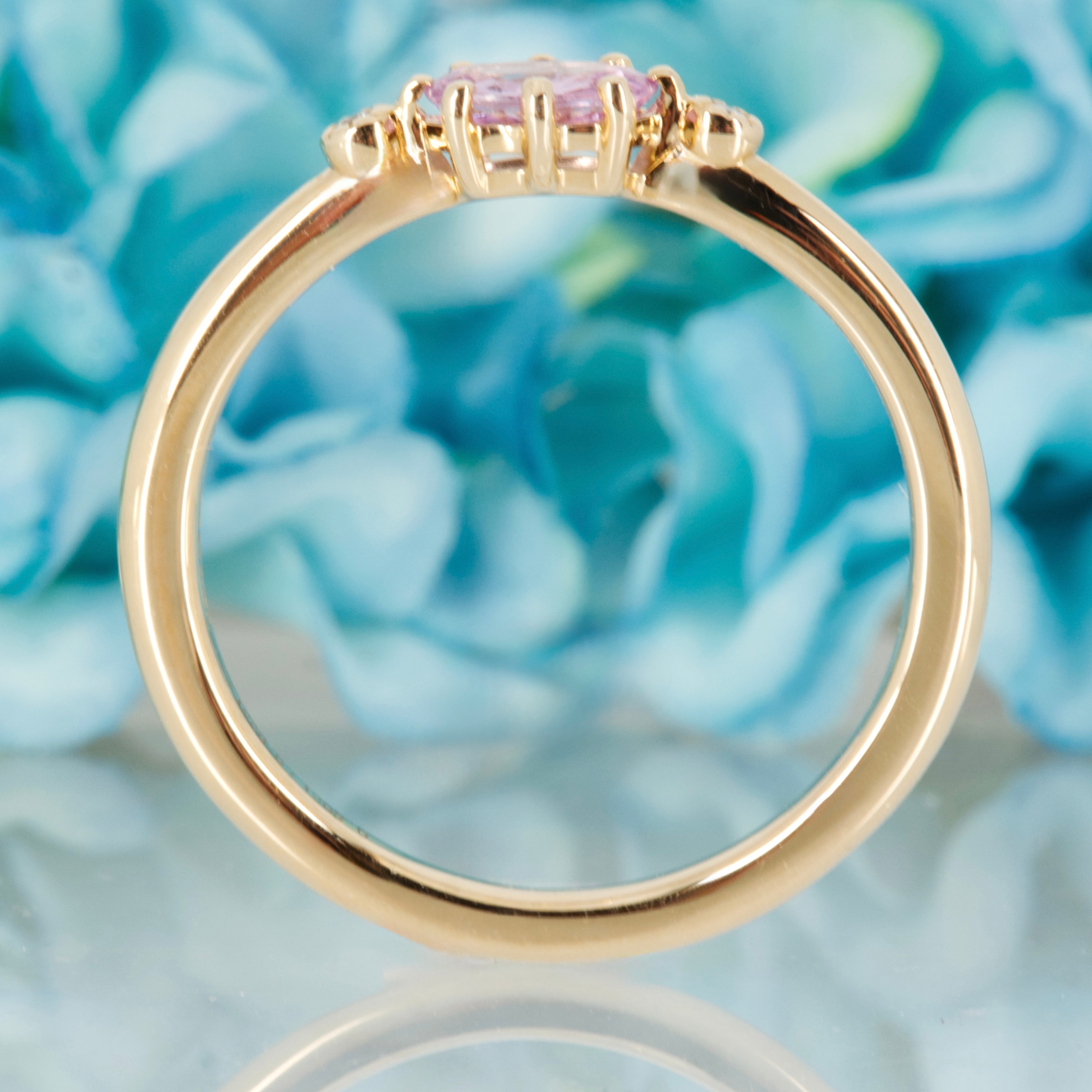 9ct Yellow Gold Oval Cut Pink Sapphire & Round Brilliant Cut Diamond Trilogy Ring