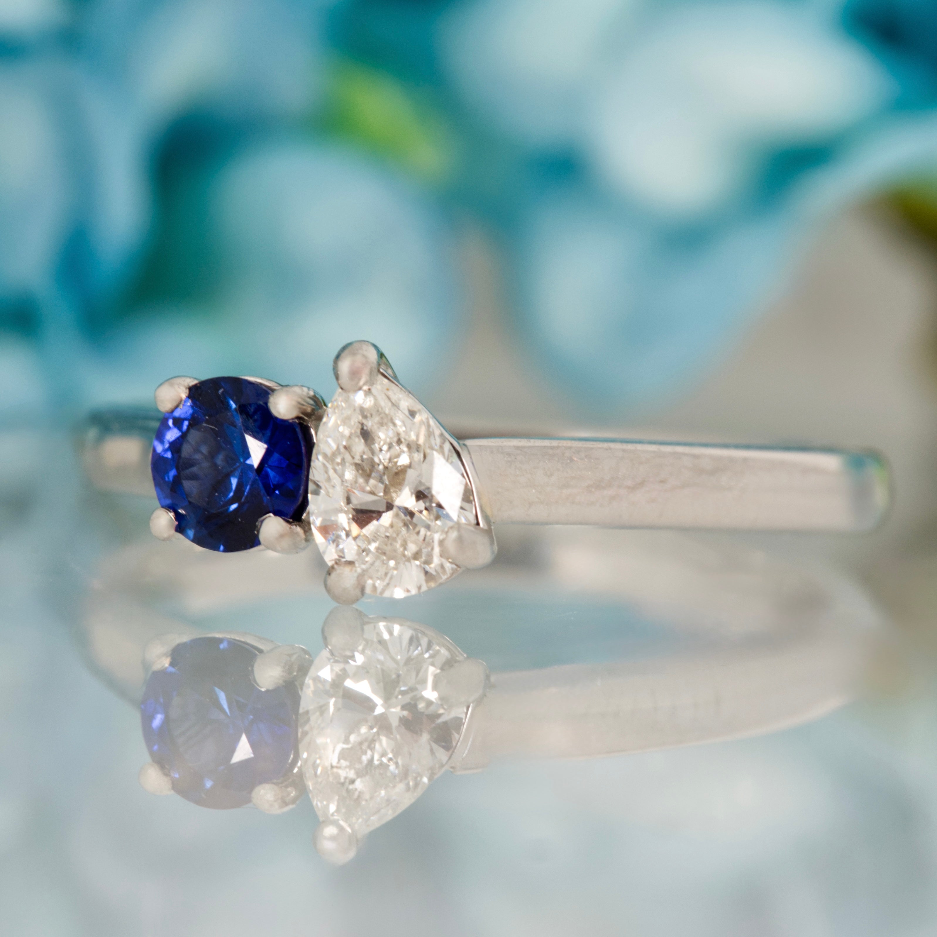 Platinum Round Cut Sapphire & Pear Cut Diamond Toi et Moi Ring