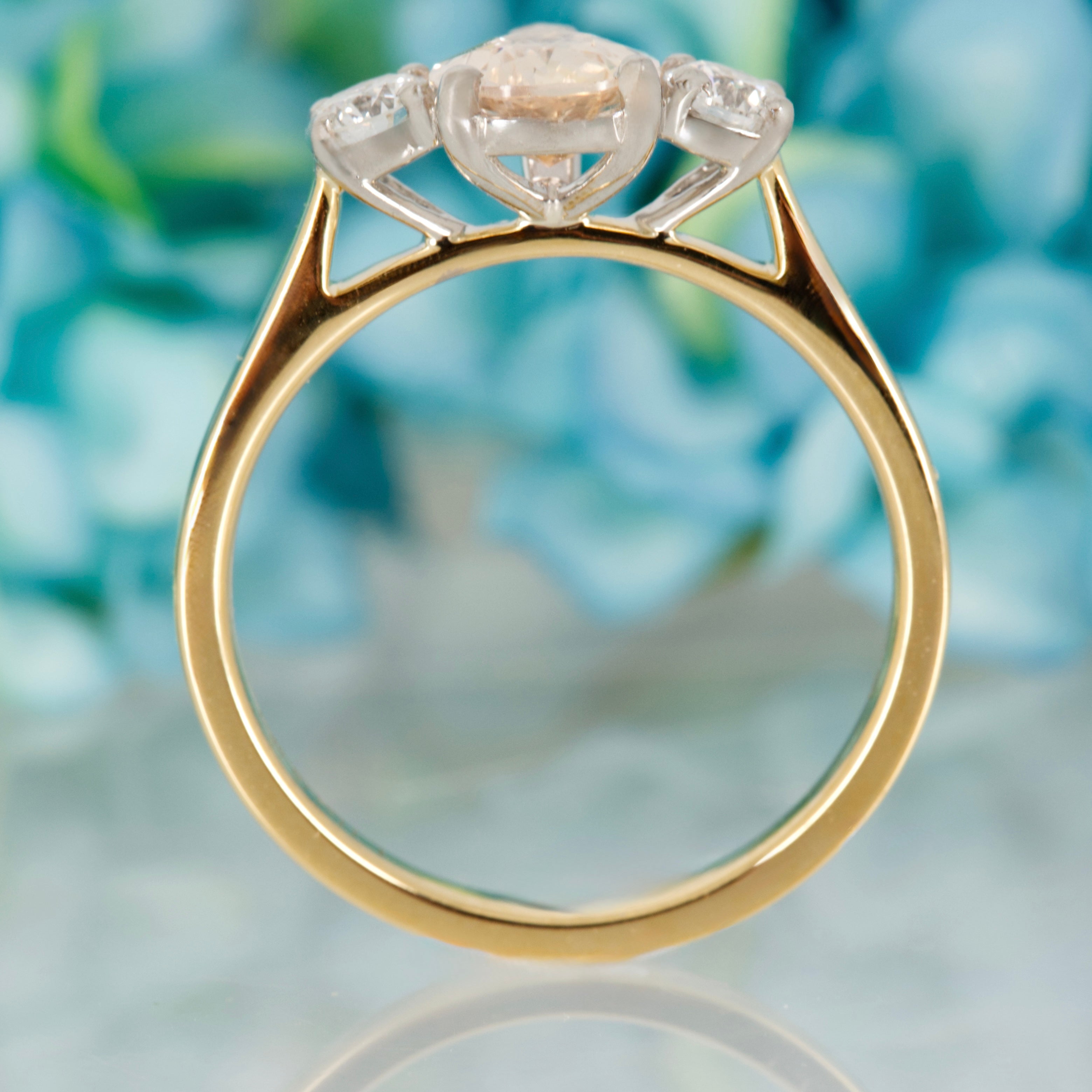 18ct Yellow Gold Pear Cut Blush Sapphire & Round Brilliant Cut Diamond Trilogy Ring